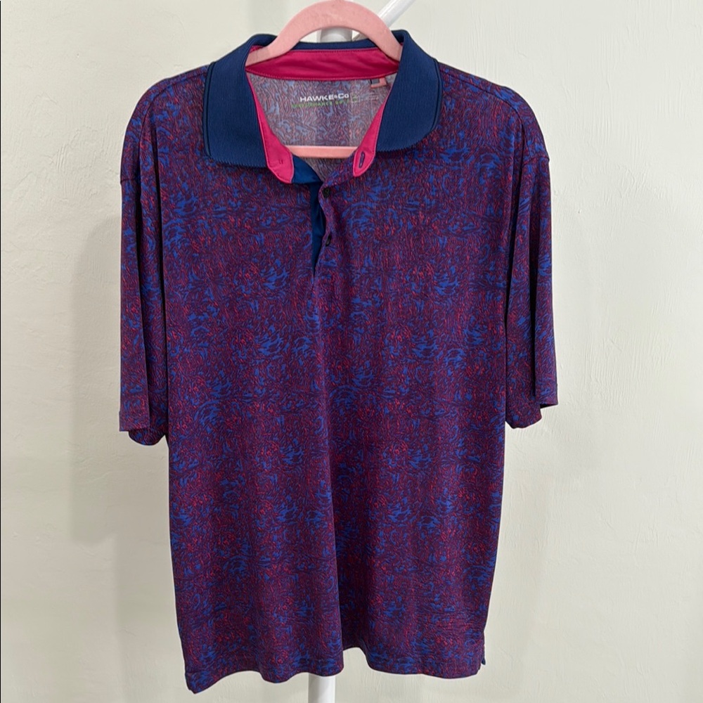 Hawke & Co Blue and Red Polo Shirt with Geometric Pattern